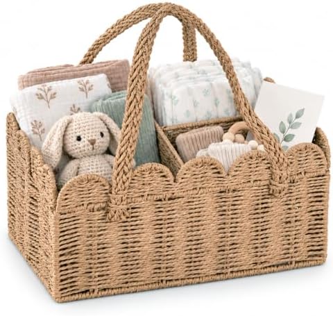 Large Baby Diaper Caddy, Brown Paper Rope Storage Basket with Handles, Portable Nursery Organizer with Removable Divider for Diapers, Wipes, Baby Essentials (Light Brown) by Unknown