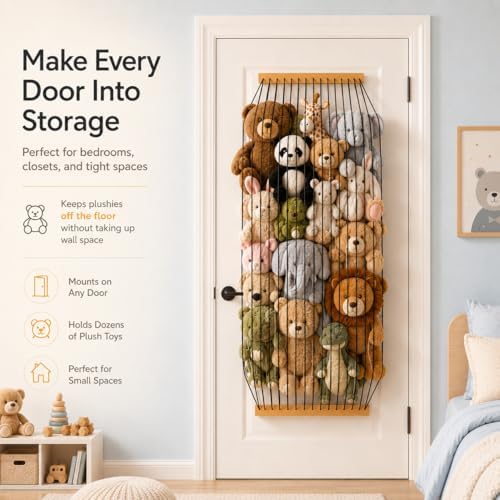 Stuffed Animal Storage Wood Soft Toy Organizer for Kids Room，Cute and Durable Wall or Door Mount Length Adjustable Hanging Stuffed Animal Toy Organizer Shelf for Nursery Play Room Black -Patent - Image 4
