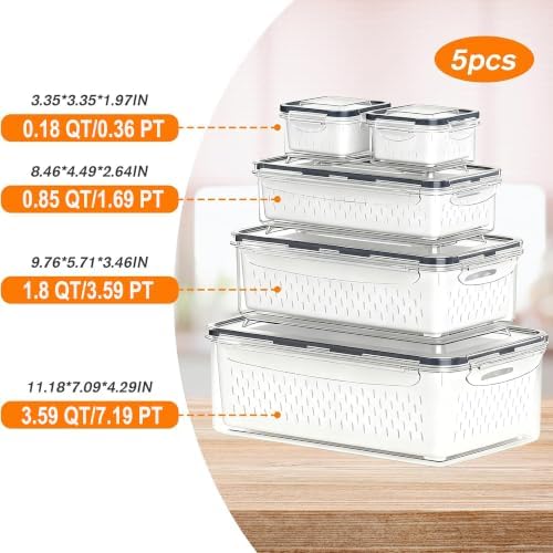 KUK 5 Pack Fruit Storage Containers for Fridge, Stackable Leakproof Food Keeper with Removable Colander, BPA-Free Produce Saver for Vegetables, Berries & Meat - Image 3