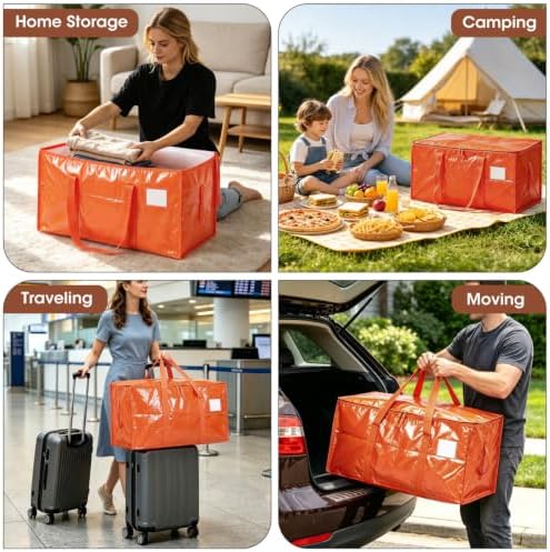 6Pcs Heavy Duty Extra Large Moving Bags Orange Storage Totes Fold Flat - Image 5