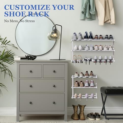 Wall Mounted Shoe Rack, 3 Tier Hanging Shoe Rack Holds 12 Pairs, 17"-30" Adjustable Heavy Duty Metal Shoe Organizer Holder with 2 Storage Hooks, Space Saving for Closet Entryway Doorway（White - Image 3