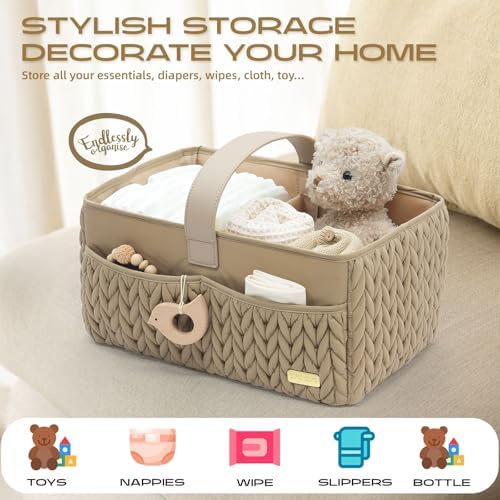 Luxurious Baby Diaper Caddy, Nursery Storage Basket for Newborn Essentials, Travel Baby Basket for Diapers Baby Wipes, Organizer Tote Bag Storage Bin, Baby Shower Gifts(Beige) - Image 5