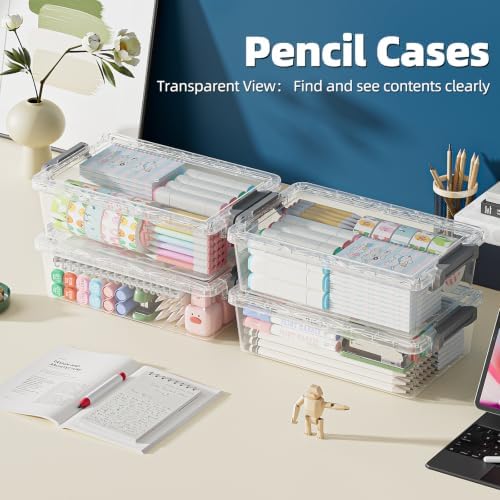 BiuLeon 4 Pack Extra Large Pencil Box, Plastic Pencil Case Organizer, Clear Crayon Box Marker Organizer, Stackable Craft Organizers and Storage for Pen, Craft, Art Supply(Blue) - Image 4