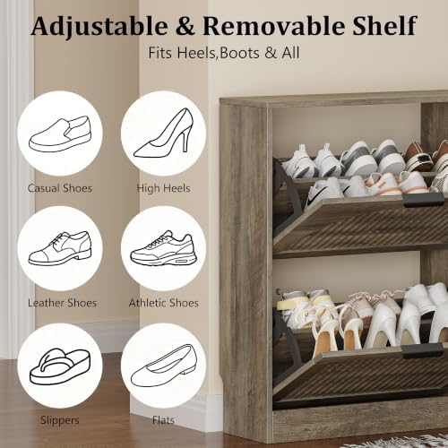 Fluted Shoe Storage Cabinet for Entryway, 4 Flip Drawers, Grey - Image 6