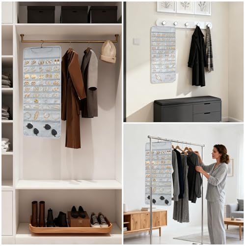 FOREGOER Hanging Jewelry Organizer 88 Zippered Pocket, 2-Sided,1 Pack Gray - Image 6