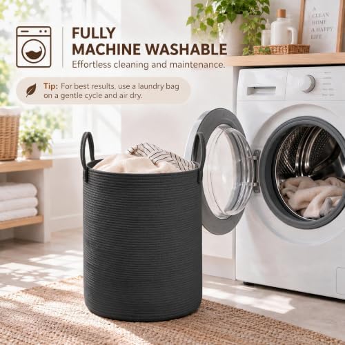 JMvicyroam 60L Cotton Rope Laundry Basket Hamper, Black - Image 5