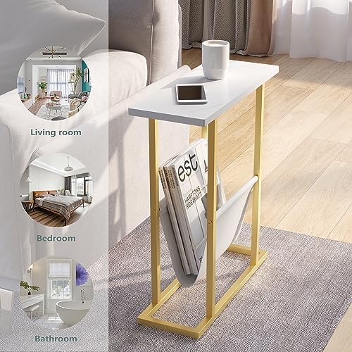 Yusong Small Narrow Side Table for Small Spaces, 17.7" W Slim End Table Magazine Table Nighstand with Storage Holder, Accent Skinny Snack Couch Bedside Table, Gold White, Complete Iron Pipes - Image 6