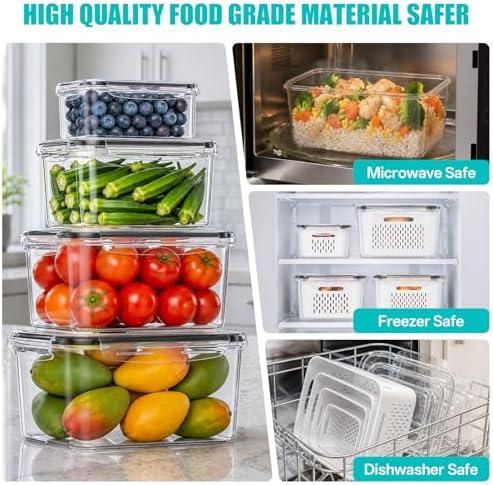 HOMETALL 8 Pack Fruit Storage Containers for Fridge with Strainer, BPA Free Fruit Cleaning Bowl Fridge Organizer, Plastic Fresh Keeper Set Refrigerator Organizer for Salad Berry Produce - Image 6