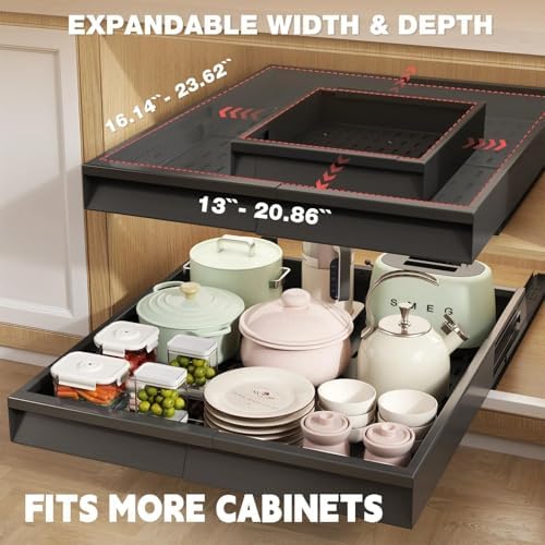 Seinloes Pull Out Cabinet Organizer, 4-Side Expandable to Fit Most Cabinets, 3 Rail Slide Out Drawers with Raising Pad for Framed & Frameless Cabinets, 13"-21" W x 17"-24" D, Black, 4 Pack - Image 2