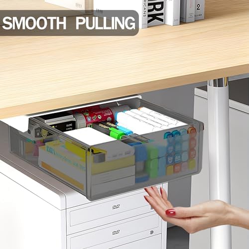 SVNNELP Under Desk Table Drawer Storage Organizer Slide Out, Attachable Hidden Self-Adhesive Under Desk Pencil Tray Drawer for Office/Classroom/Home (Clear Black/M) - Image 5