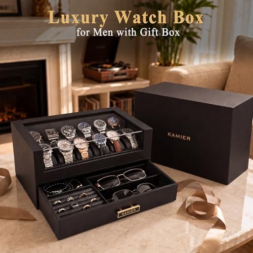 KAMIER High End Watch Box for Men, 12 Slot Wooden Watch Case With Drawer - Image 6