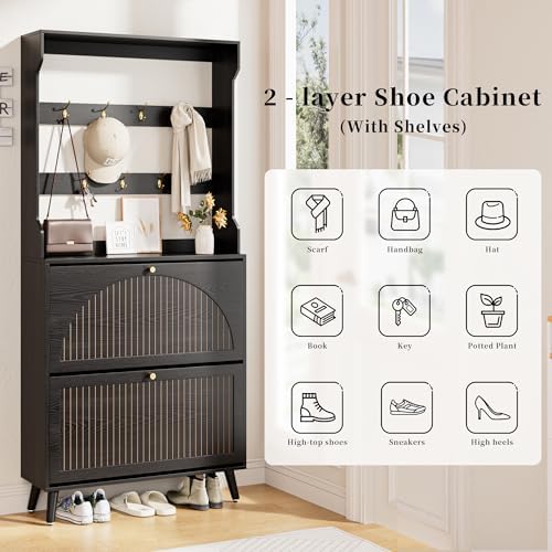 Fsbecl Shoe Storage Cabinet with 2 Fluted Flip Drawers & Coat Rack, Black - Image 6