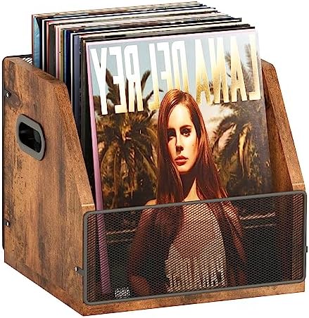 Homeiju Vinyl Record Storage, Record Box Case Crate, Vinyl Record Album Holder, Metal & Wooden LP Record Crate, Holds up to 60 Records by Homeiju