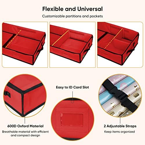 BALEINE Wrapping Paper Storage Organizer, 40" Durable 600D Oxford Fabric Gift Wrap Storage Bag with Flexible Partitions for Ribbon, Holiday Accessories (Red) - Image 3