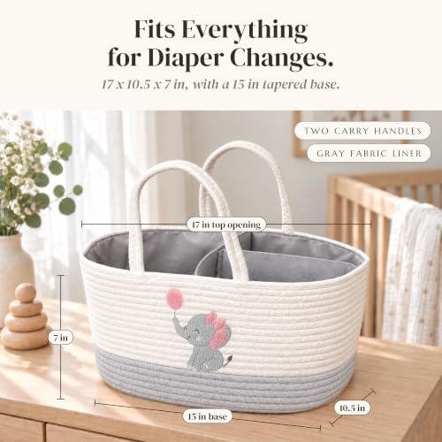 Baby Girl Diaper Caddy Organizer, Pink Elephant Cotton Rope Nursery Basket - Image 2