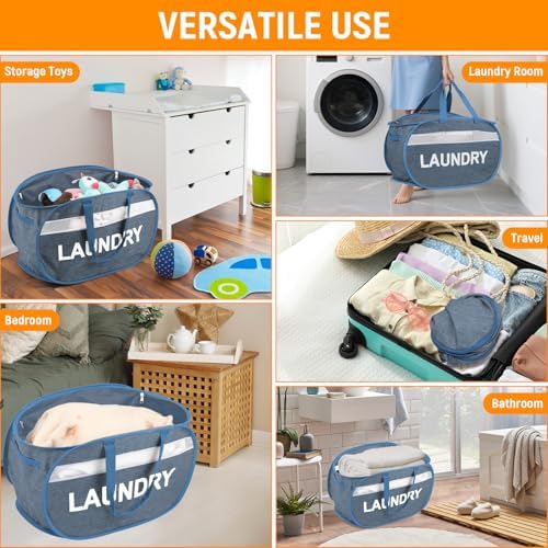 Collapsible Laundry Baskets with Lid, Foldable Clothes Hamper with Reinforced Handles, Sturdy Pop Up Hampers for Laundry, Tear Proof & Easy to Carry Laundry Hamper for Home, Dorm, Travel Blue - Image 7