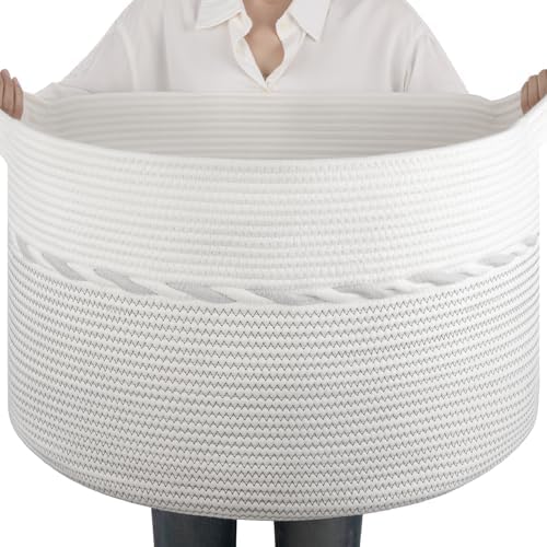 OIAHOMY 90L Extra Large Blanket Basket - Decorative Cotton Rope Storage Basket for Bedroom, Living Room & Nursery - Woven Laundry Hamper for Organizing Blankets, Clothes & Toys - Light Grey & White by MasterofSpaceOptimization
