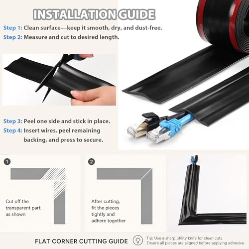 ZhiYo 23ft Cord Cover for Wires on Floors or Walls, 2.2in Wide, Black - Image 4
