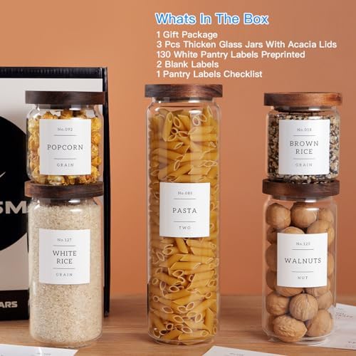 5 Set Glass Pantry Storage Jars with Acacia Airtight Lid - Thicken Glass Kitchen Canisters with 132 Pantry Labels - Clear Glass Food Storage Containers with Wood Lid for Tea,Sugar,Candy,Cookie,Pasta - Image 2