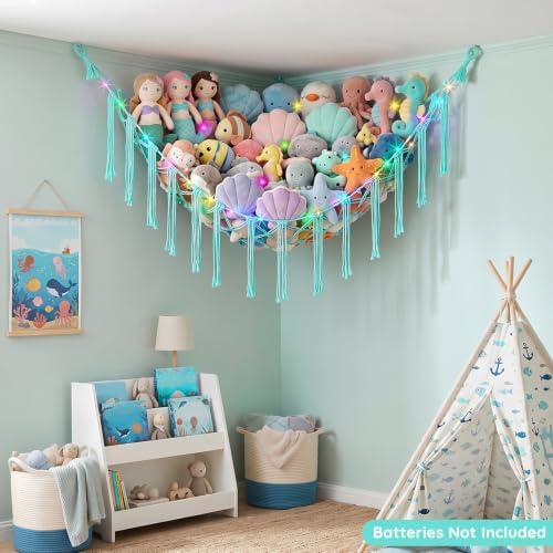 Basumee Stuffed Animals Hammock with LED Light Corner Net, Girls Room Decor - Image 4
