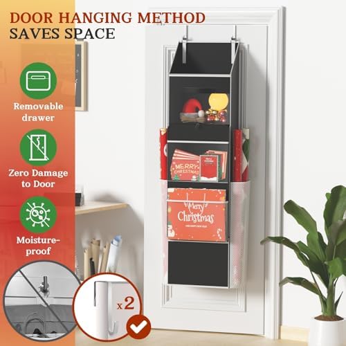 Ofiray-home 2-in-1 Wrapping Paper Organizer Storage, Over Door or Under Bed Organizer with Removable Drawer & 4 Clear Pockets Wrap Storage for Ribbons, Bows, Ornament and Other Tools - Image 6