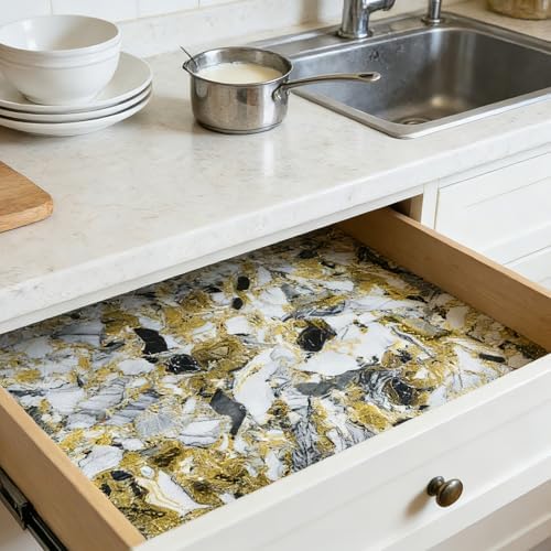 Drawer and Shelf Liner - Yellow Black Marble Pattern,Non Adhesive - Image 5