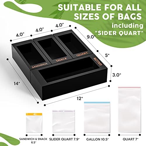 DALSHABET Bamboo Storage Bag Organizer for Kitchen Drawer, 4 Separate Food Storage Bag Organizer, 12x14 Baggie Organizer Dispenser for All Brands Gallon, Snack, Sandwich & Quart Slider Bags Black - Image 3