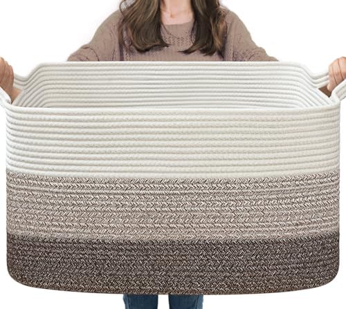 Goodpick Large Woven Rope Blanket Basket, Rectangle, White Brown by Goodpick