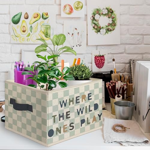 Boho Playroom Foldable Storage Bins Box with Handles, Retro Blue Checkered Collapsible Toys Books Clothes Organizer Basket for Kids Nursery Room Classroom Playroom Bedroom Bathroom - Image 2