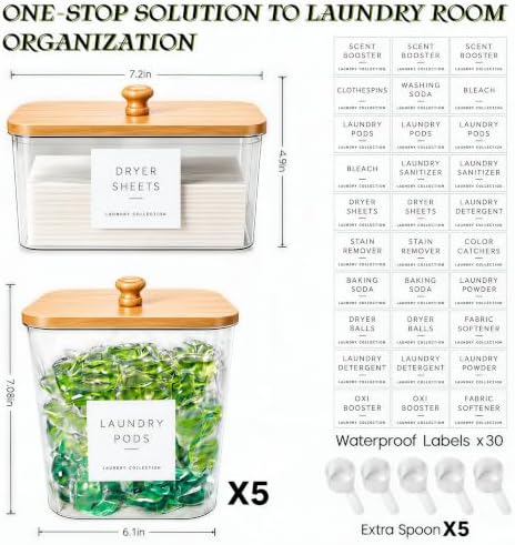 6 Pack Laundry Pods Container, Clear Laundry Room Organization Containers,Large Detergent Powder Storage, Black Wooden Lids & Labels and Scoops for Scent Booster, Powder, Pods - Image 2