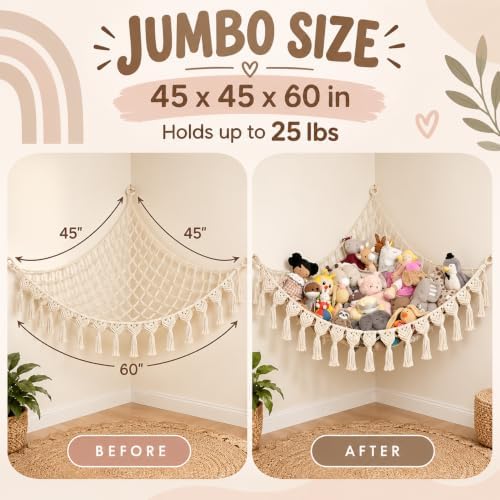 Abby Baby Extra Large Stuffed Animal Hammock with LED Lights 100% Natural Cotton Macrame Toy Storage Net for Plushies & Squishmallows Boho Macrame Corner Organizer for Kids’ Room or Nursery (Beige) - Image 3