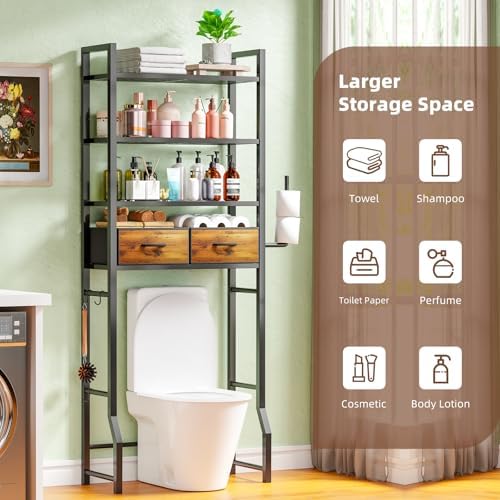 Simple Trending 4 Tier Over The Toilet Storage with Drawers, Heavy Duty Bathroom Stand Organizer Metal Shelves for Laundry, Black - Image 6