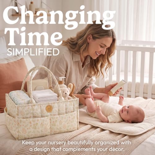 Floral Diaper Caddy Organizer - Portable Diaper Caddy with Handles & Removable Dividers - Large & Quilted Nursery Storage Basket for Girls - Woodland Nursery Decor & Wildflower Gift for Baby Shower - Image 2
