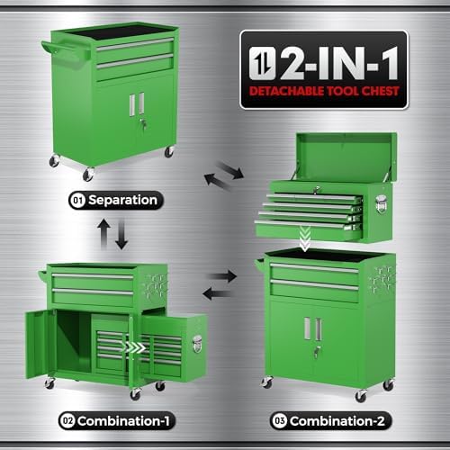 INTERGREAT Tool Chest, 8 Drawer Rolling Tool Chest with Drawers, Detachable Top Tool Box, and Locking Mechanism, Metal Tool Cart with Liner and 6 Hooks for Garage, Workshop, Green - Image 5