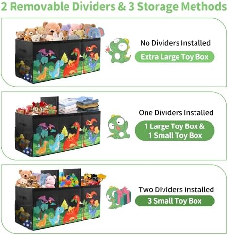 Extra Large Kids Toy Box, Foldable Toy Organizer with Dividers & Lids, 148L Dinosaur Storage Bin for Toddlers Boys Girls, Collapsible Chest for Toys, Books, Bedroom, Playroom, Nursery Black - Image 3