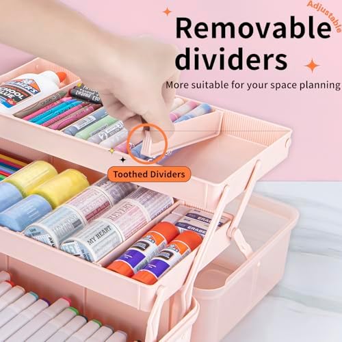 TERGOO 14in 3-Layer Multipurpose Craft Organizers and Storage with Adjustable Dividers, Portable Tackle Box, Folding Art & Craft Case for Medicine, Tool, Sewing Organizer (Pink, X-Large) - Image 3