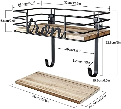 TJ.MOREE Hanger wall mount - Laundry Room Iron and ironing board Holder, Metal with Large Storage Wooden Base Basket and Removable Hooks (Black) - Image 6