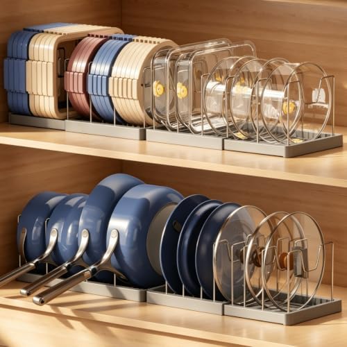 Magheo 2 Pack Expandable Food Storage Container Lid Organizers, 31.3" Pots and Pans Organizer Under Cabinet with 12 Adjustable Dividers Pot and Pan Lid Holders Rack Inside Cabinet(Gray) by MAGHEO