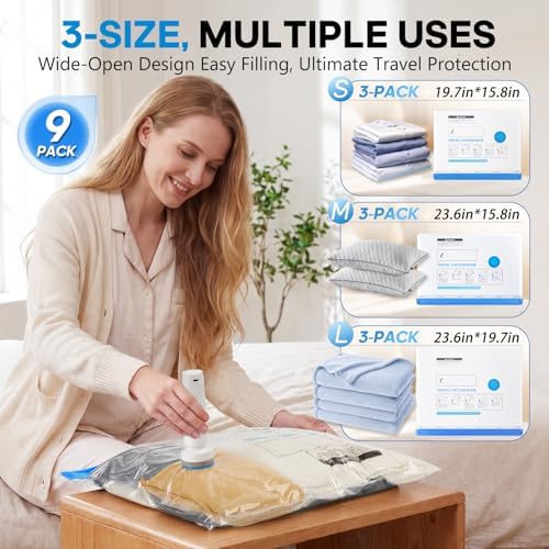 9 Pack Vacuum Storage Bags for Travel with Rechargeable Cordless Pump, Space Saver Bags for Clothes, Compression Packing Bags for Luggage and Suitcase, Blue - Image 2