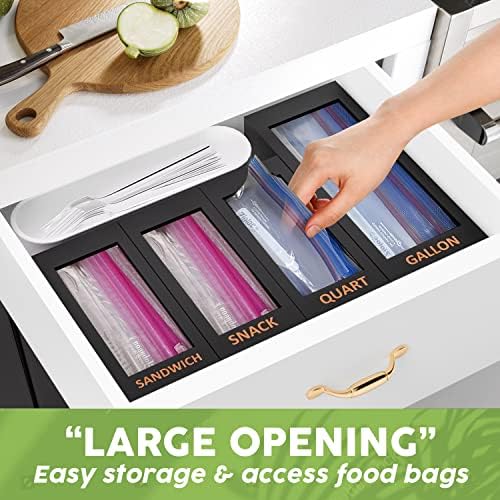 DALSHABET Bamboo Storage Bag Organizer for Kitchen Drawer, 4 Separate Food Storage Bag Organizer, 12x14 Baggie Organizer Dispenser for All Brands Gallon, Snack, Sandwich & Quart Slider Bags Black - Image 4