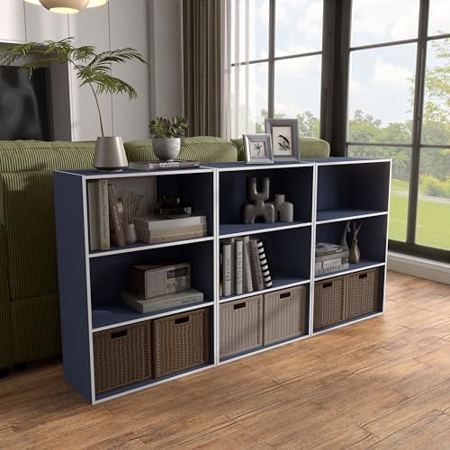 Homes: Inside + Out Apexa 3-Tier Cube Storage Organizer Shelves, Stackable Wood Bookcase Fits Cubby Bins for Organization, Dorm Teen Room Decor & Home Office, Steel Blue - Image 6