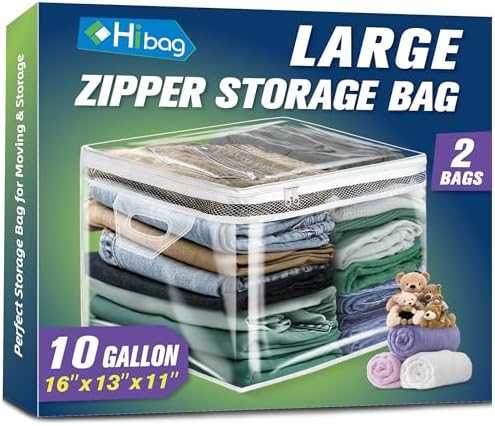 HIBAG 10 Gallon Large Storage Bag for Clothes, Zipper Clothing Storage Bag, Clear Organizer with Reinforced Handles, for Closet and Underbed Storage (2 Pack) by HIBAG