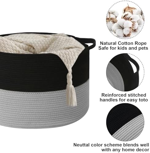 90L Large Blanket Basket,Woven Laundry Basket-Black&Light Grey - Image 3