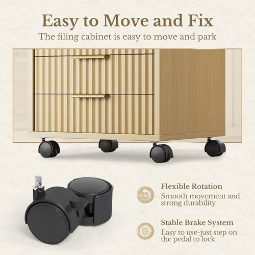 5 Drawer Chest, Under Desk Storage Wood Drawers with Wheels,Fluted File Cabinet for Home Office, Natural Walnut - Image 5
