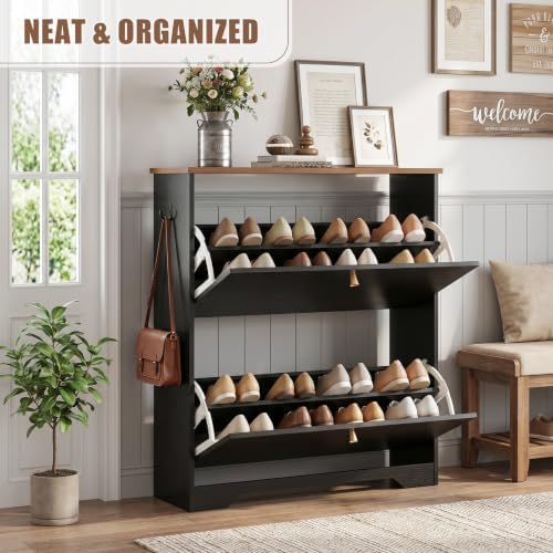 Nicetree Shoe Cabinet, 2 Flip Drawers Slim Black Walnut Top Entry Storage - Image 4