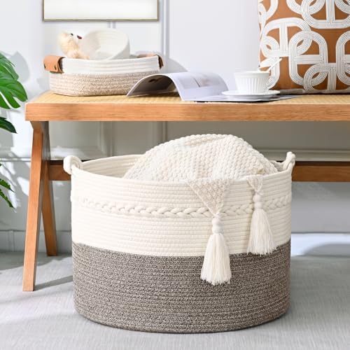 67L Large Blanket Basket, 20"x13" Woven Storage Baskets With Handle, Cotton Rope Blanket Basket Living Room, Baby Laundry hamper for Blanket, Nursery, Toy, Pillow (White & Grey) - Image 4