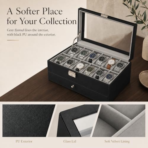 GUKA 12-Slot Watch Box Organizer with Glass Lid, 2-Tier Leather Case - Image 3
