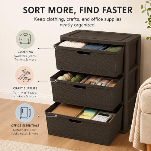 Wide 3-Drawer Plastic Storage Tower, Decorative Organizer Chest, Brown - Image 4
