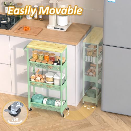 7.1" Wide Slim Storage Cart on Wheels, 4 Tier Metal Narrow Rolling Cart with Handle and Wood Top, Multifunctional Small Mobile Shelf Unit Organizer Trolley for Laundry, Bathroom, Kitchen - Image 3