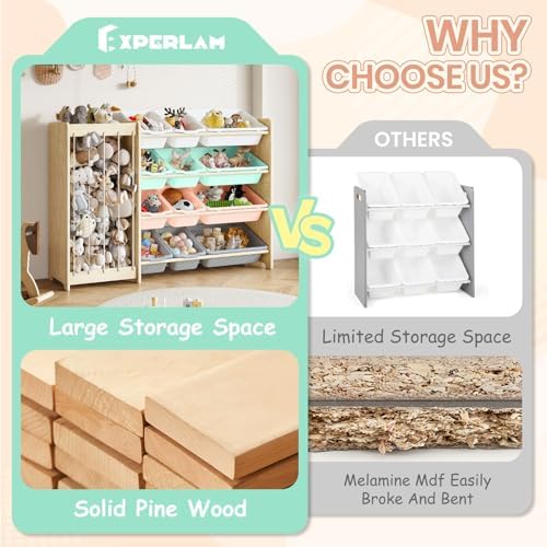EXPERLAM Kids Toy Storage Organizer, 2-in-1 Stuffed Animal Storage & Toy Organizer w/12 Bins, Solid Wood Toy Rack Featuring Thicker Elastic Ropes to Hold Toys, Playroom Nursery Bedroom Storage, Multi - Image 5